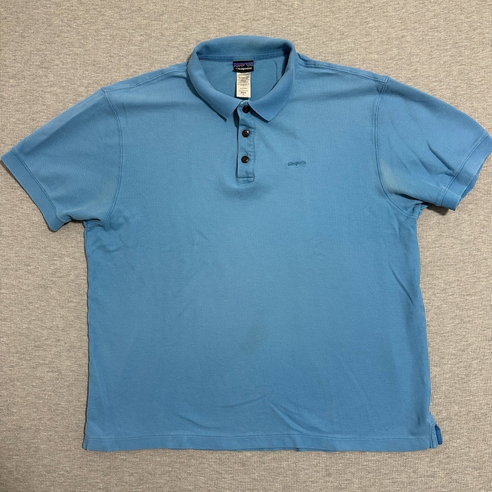 Patagonia Mens Light Blue 100% Organic Cotton Short Sleeve Polo Shirt Large